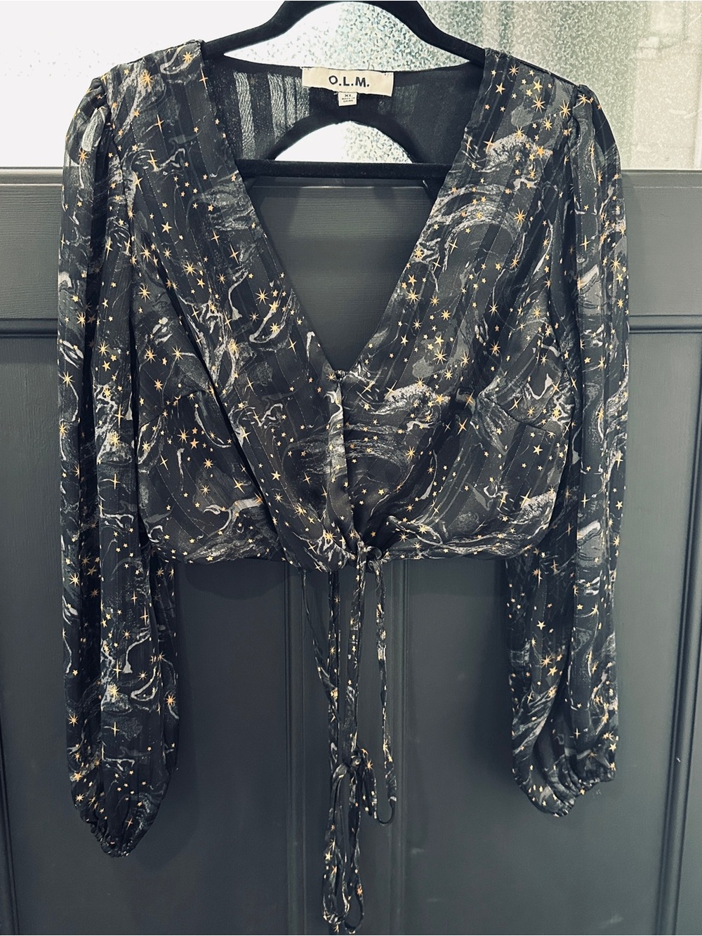 O.L.M. Cropped Galaxy Printed Blouse with Sheer Sleeves Sz XL